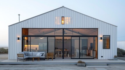 Obraz premium Modern coastal house with large windows and a welcoming porch.