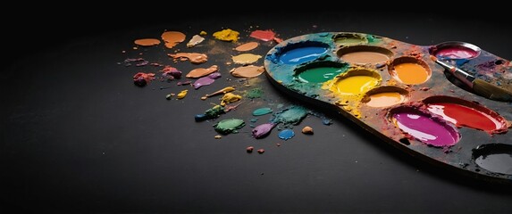 Vibrant paint palette with brushes on a black background, ideal for creative projects