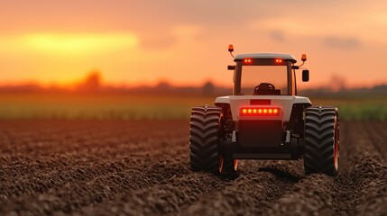Fototapeta premium A tractor plows a field at sunset, showcasing agricultural machinery against a picturesque rural landscape.