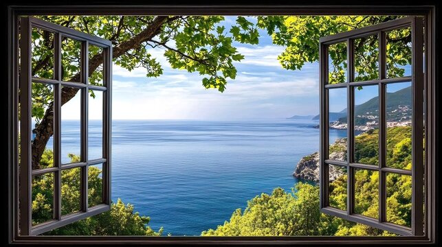Fototapeta Idyllic coastal view seen through an open window, framed by lush green foliage.