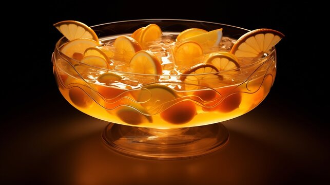 Glowing punch bowl filled with floating orange slices and cinnamic sticks creating a warm and inviting atmosphere perfect for festive and holiday gatherings