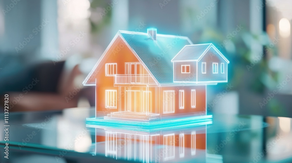 Poster futuristic holographic house model displayed on table, showcasing innovative design and technology. 