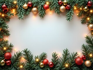 Beautifully arranged Christmas wreath adorned with red and gold baubles and twinkling lights, creating a festive holiday atmosphere.
