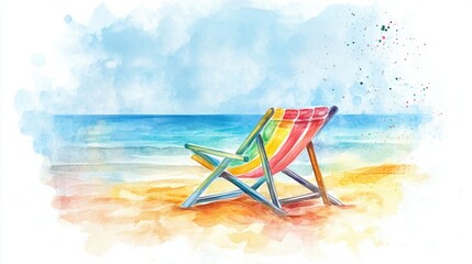 A vibrant, rainbow-colored beach chair sits alone on a sandy shore, inviting relaxation by the calm sea.