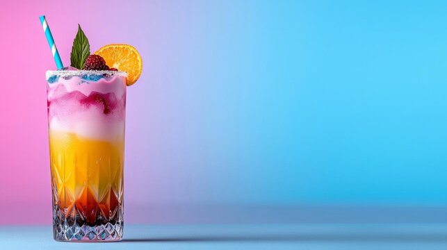 a photostock of a modern cocktail with layered colors in a tall glass, creative drink 2025