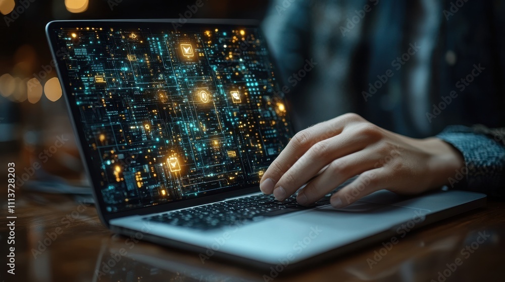 Poster cyber security business technology internet and networking concept young business man working on his