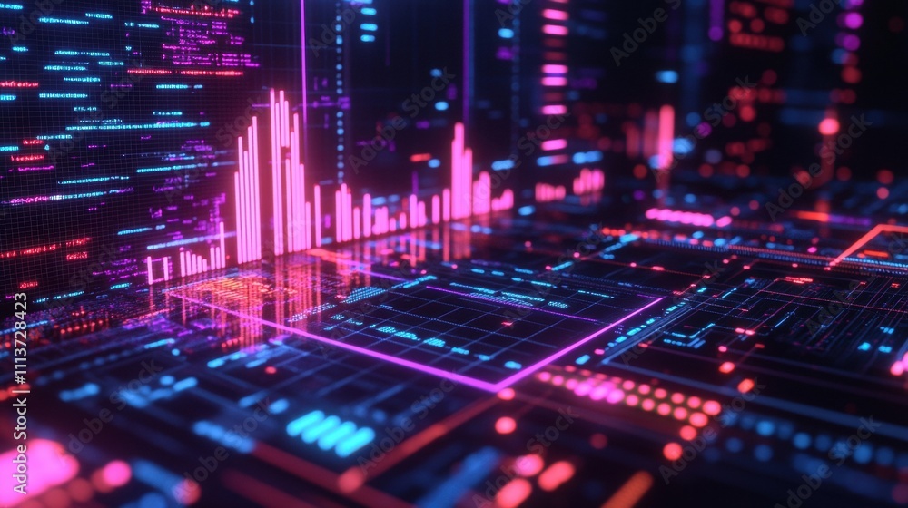 Poster a vibrant digital landscape featuring colorful data visualizations and circuit-like patterns, evokin