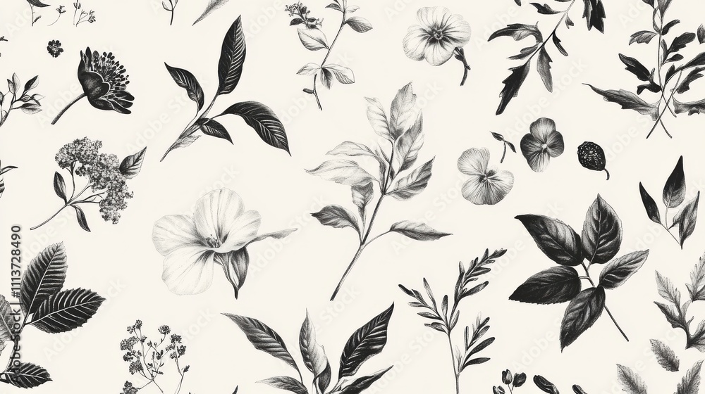 Poster A detailed seamless pattern showcases hand-drawn botanical elements, including an array of flowers and foliage against a soft background, perfect for textile applications.