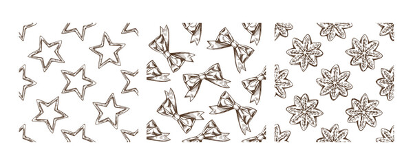 Christmas vintage seamless pattern with stars, bows, snowflakes, and ginger cookies