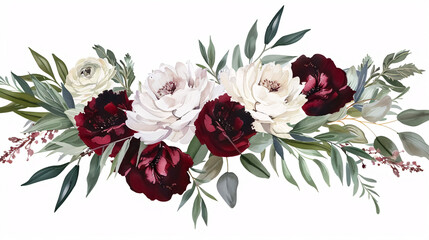 Greenery, Burgundy, and White Peony Bouquets: Vector design wedding bouquets with greenery, burgundy red, white peonies, and blush roses. Rustic greenery with mint and wine red tones.