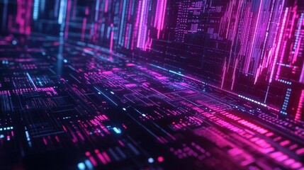 A vibrant, abstract digital landscape featuring lines of code and bright neon colors.