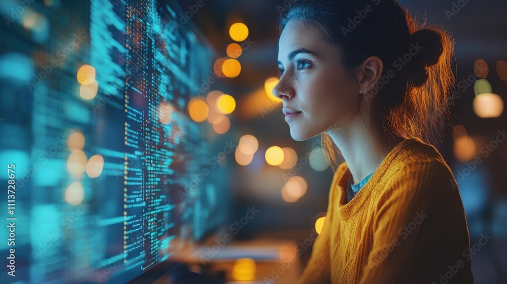 Poster a focused professional woman works intently on data analysis at her computer, illuminated by vibrant