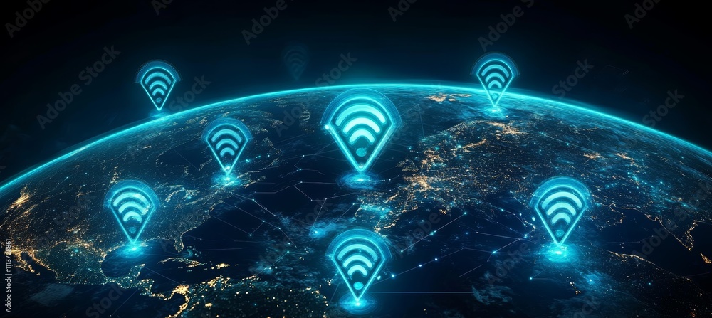 Poster Global Wi-Fi internet network telecom and communication. Generative AI technology.	

