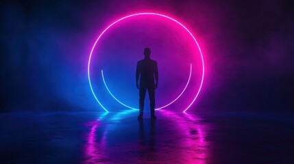 A silhouetted figure stands against vibrant neon lights in a captivating blend of blue and pink hues.