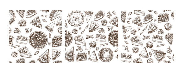 Christmas vintage seamless pattern with pies, desserts, fruits, and cinnamon