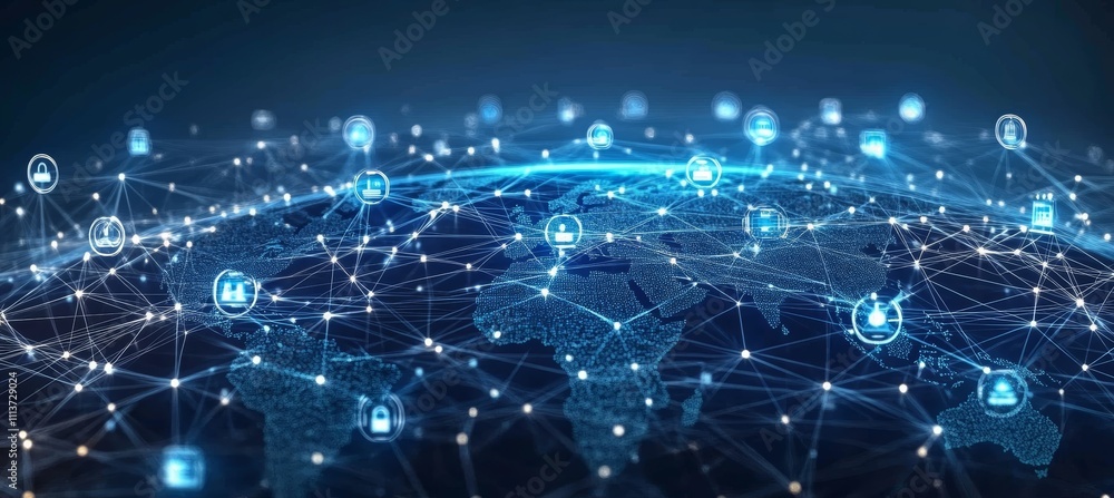 Fototapete Digital world map with connected internet network system. Global wireless telecom and communication. Generative AI technology.	

