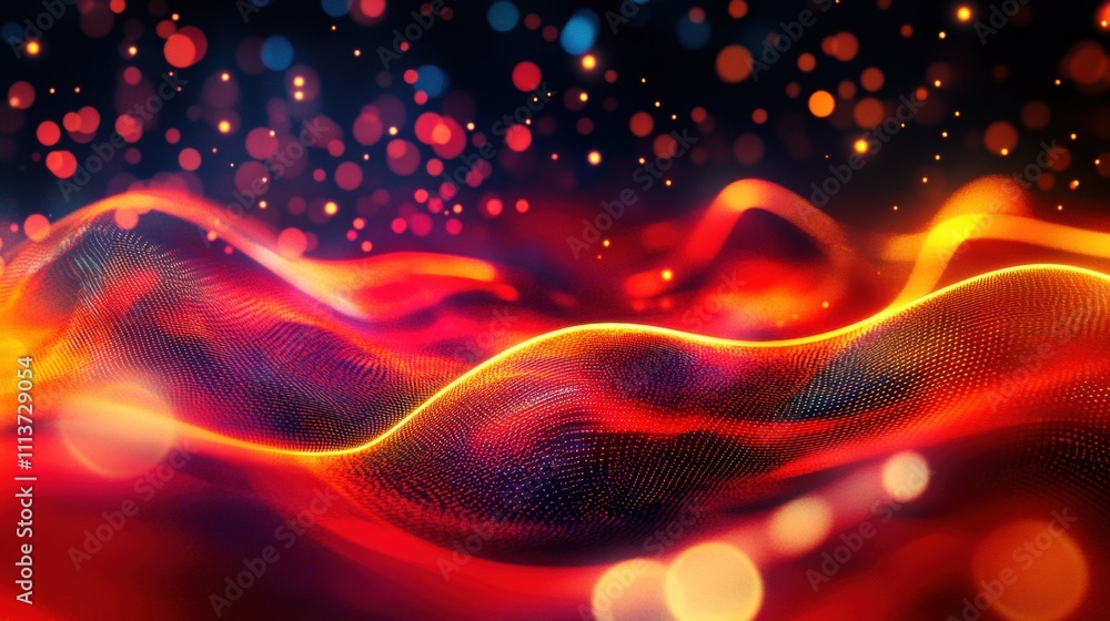 Poster abstract digital waves, with vibrant red and orange hues, creating a mesmerizing visual effect.
