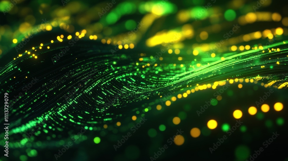 Poster abstract flowing waves of luminous green and golden light create a mesmerizing visual effect.