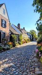 A cobblestone street in a historic district showcases well-preserved houses surrounded by colorful flowers under a bright blue sky, inviting exploration.
