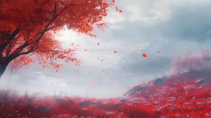 Picturesque panoramic view of the mysterious beech forest in a thick morning fog, Red and orange leaves, Lorraine, France, Atmospheric autumn landscape, environmental conservation, nature