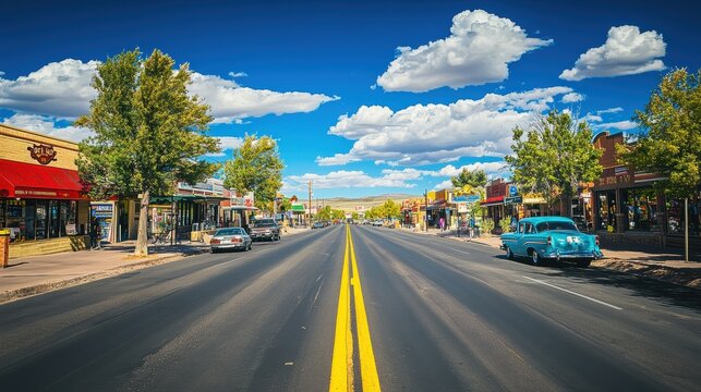 Bright skies and vibrant shops create a picturesque setting along the historic Route, where classic cars enhance the charming atmosphere of this lively street.