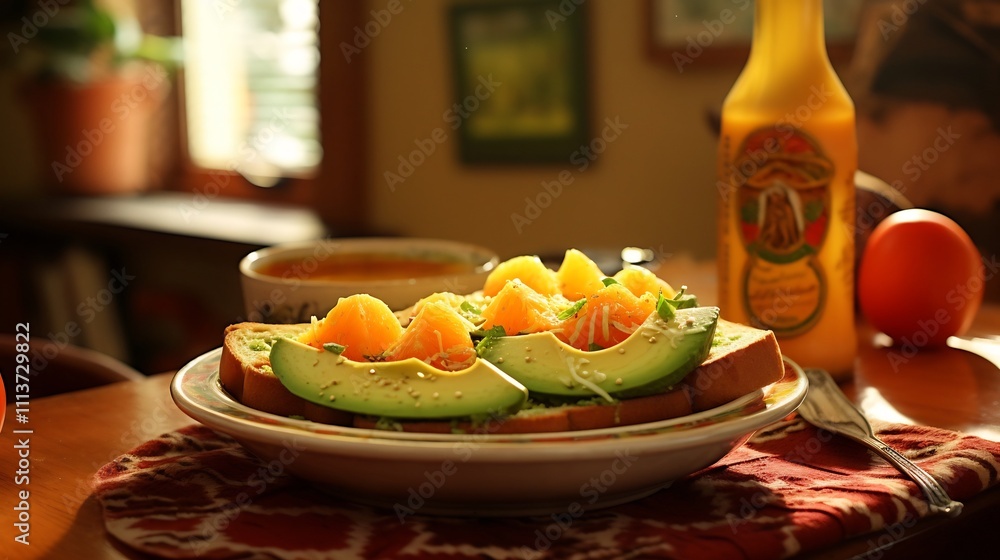 Poster delicious and nutritious new year s breakfast featuring avocado toast and freshly squeezed orange ju