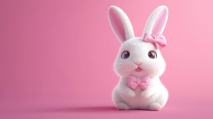 Obraz premium A cute 3D rendered cartoon bunny with large eyes is wearing a pink bowtie and a pink flower crown, in front of a pink background.