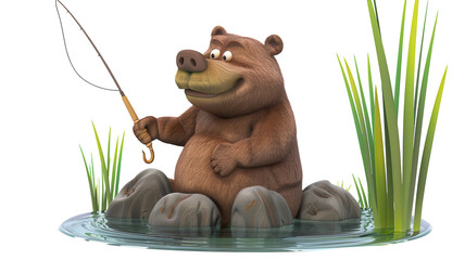 3D Cartoon Style Illustration of a Bear Fishing in a Stream - Great for Children's Books and Educational Materials