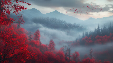 Picturesque panoramic view of the mysterious beech forest in a thick morning fog, Red and orange leaves, Lorraine, France, Atmospheric autumn landscape, environmental conservation, nature