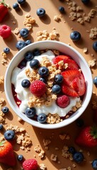 Yogurt bowl topped with mixed berries and granola, vibrant and healthy breakfast option