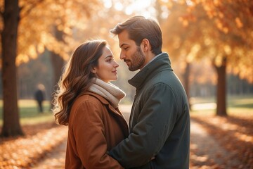 Fototapeta premium Young couple in love sharing a moment in an autumn park, warm and romantic atmosphere