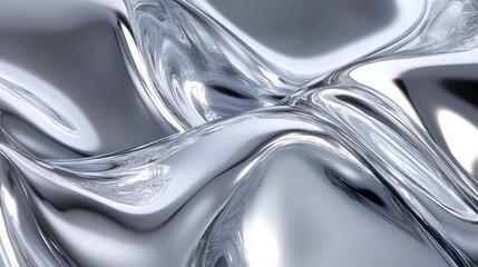 Shimmering metallic abstract waves in silver hues, creating a sense of fluidity and elegance.