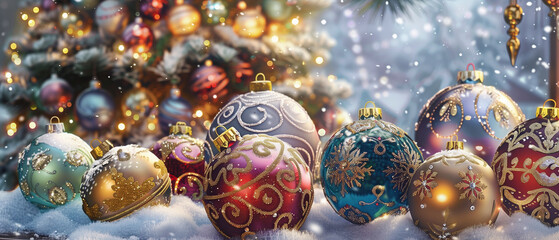 A closeup view of a Christmas market stall, displaying an assortment of colorful, shimmering baubles with intricate holiday designs.