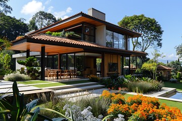 Obraz premium Modern House with Lush Green Landscape and Pool
