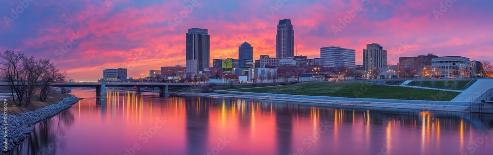 Poster the beautiful des moines skyline glows under a colorful sunset, with reflections shimmering on the r