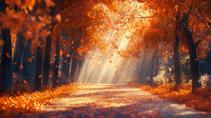 Autumn landscape with a path in the autumn park, 3d rendering, Beautiful autumn landscape with yellow and red trees in the park, autumn tree forest wallpaper