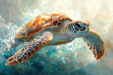 Sea Turtle Watercolor Illustration Vibrant Details Shell Gentle Curves Textures Art Wildlife