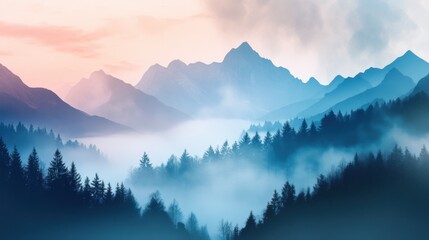 Obraz premium Serene mountain landscape at dawn, showcasing layers of mist and trees in soft pastels.