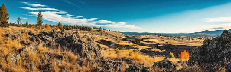 The expansive terrain of Craters of the Moon showcases rugged lava fields and colorful autumn foliage under a clear blue sky, inviting exploration and adventure.