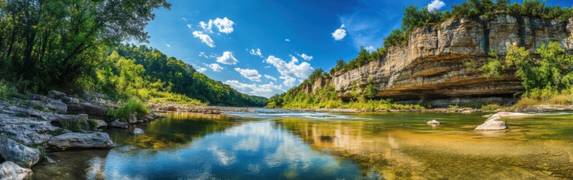 Buffalo National River showcases stunning natural beauty with its reflective waters, towering cliffs, and lush trees under a bright blue sky, creating a tranquil outdoor experience.