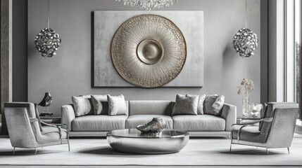 a modern living room with a sophisticated gray palette, highlighted by a plush gray sofa and stylish silver-accented chairs. 