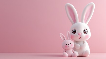 Fototapeta premium A 3D rendered cartoon bunny and a smaller pink bunny sitting on a pink background.