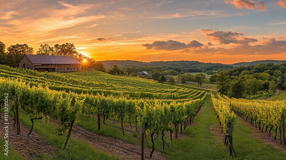 Poster golden sunlight bathes the rolling hills of a vineyard, highlighting rows of grapevines as the sun s