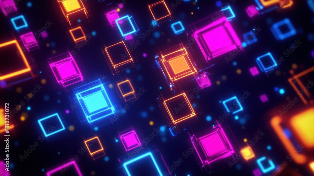 Poster vibrant neon squares floating in a cosmic space, creating a modern and dynamic visual experience.