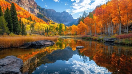 Fototapeta premium Leaves in brilliant hues of orange and gold frame the calm lake, where the surrounding mountains rise majestically against a clear sky, creating a serene autumn landscape.