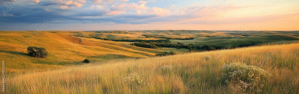 Poster vast prairies stretch endlessly under a soft evening sky, with golden grasses swaying gently in the 