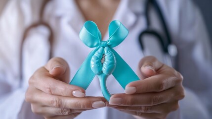 Doctor holding Teal ribbon with Uterus and Ovaries model for January Cervical Cancer Awareness month. Cervix, Endometriosis, Hysterectomy, Uterine