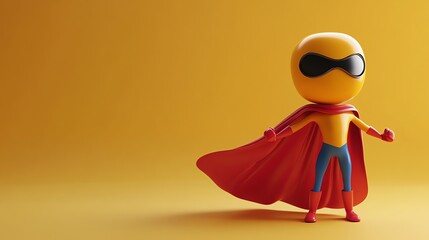 A cartoon superhero with a yellow cape and mask stands in front of an orange background.