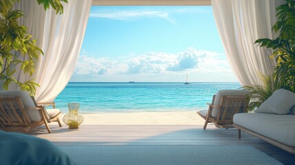 Obraz premium A serene view of a tranquil beach from a stylish coastal interior, showcasing bright colors and natural light.