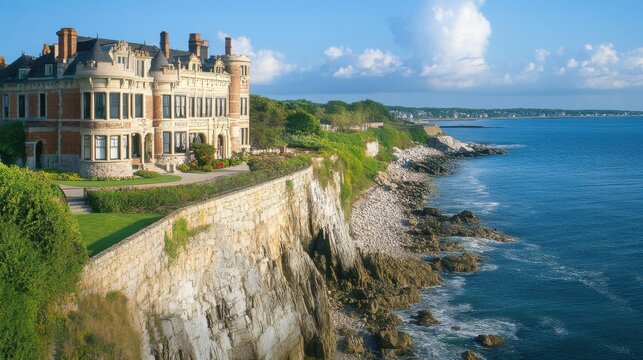 Visitors enjoy a leisurely walk on the iconic Cliff Walk, taking in breathtaking coastal views and the stunning architecture of nearby mansions on a sunny day.